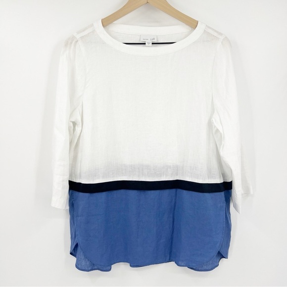 J. Jill Love Linen Colorblock 3/4 Sleeve Tulip Hem Blue White Blouse Size Small - Picture 1 of 5